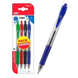 Set stylos gel pack économie 4 uds, bleu, rouge, noir et vert.