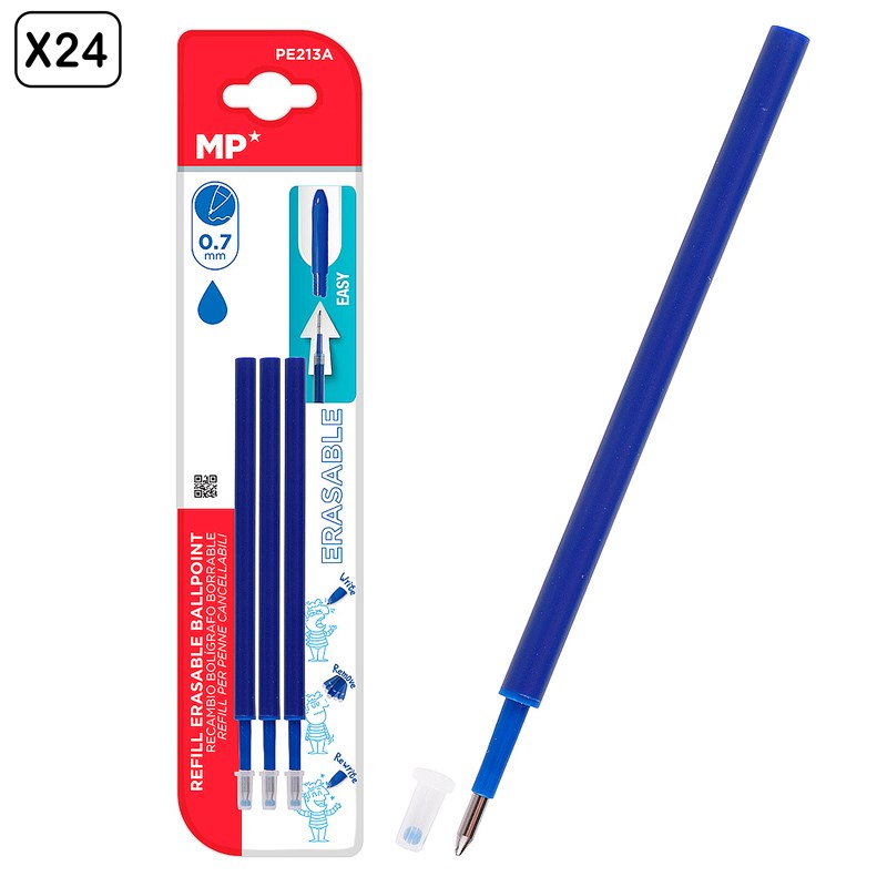 24 emballages de remplacement pour stylo à encre effacable bleu 3 uds.