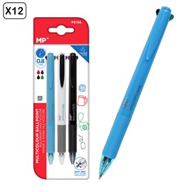 12 packs bic bille 4 couleurs 3 uds. Corps bleu, noir et blanc.