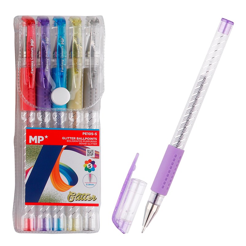 Ensemble de stylos à paillettes corps transparent 5 couleurs