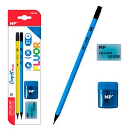 Ensemble d'écriture : 2 crayons hb avec gomme, 1 taille-crayon avec réservoir.