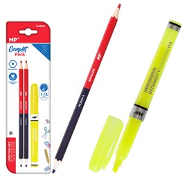 Ensemble d'écriture : 2 crayons bicolores et 1 marqueur fluo.