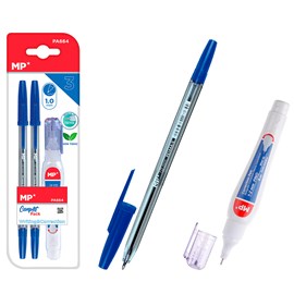 Ensemble d'écriture : 2 stylos bleus et 1 correcteur liquide type stylo.