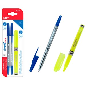 Ensemble d'écriture : 2 stylos bleus et 1 marqueur fluorescent.