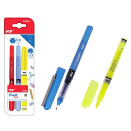 Ensemble d'écriture : 2 stylos à pointe fine et 1 marqueur fluorescent.