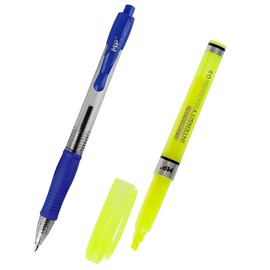 Ensemble d'écriture : 2 stylos à bille rétractables et 1 feutre fluorescent.