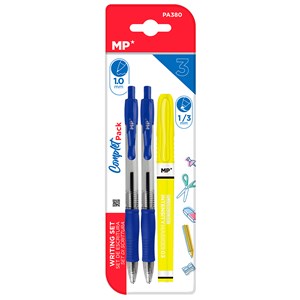 Ensemble d'écriture : 2 stylos à bille rétractables et 1 feutre fluorescent.