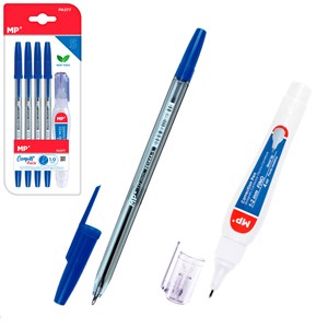 Ensemble d'écriture : 4 stylos bleus et 1 correcteur liquide type stylo.