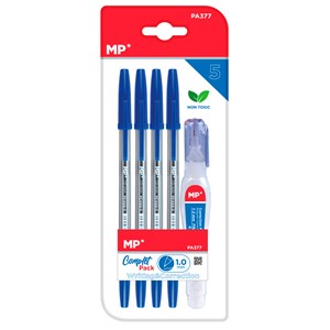 Ensemble d'écriture : 4 stylos bleus et 1 correcteur liquide type stylo.