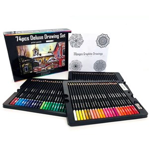 Ensemble de 74 crayons de couleur deluxe drawing avec gabarit de dessin et gomme