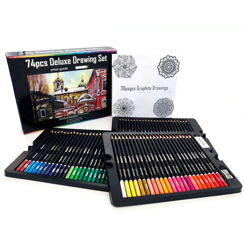 Ensemble de 74 crayons de couleur deluxe drawing avec gabarit de dessin et gomme