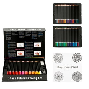 Ensemble de 74 crayons de couleur deluxe drawing avec gabarit de dessin et gomme