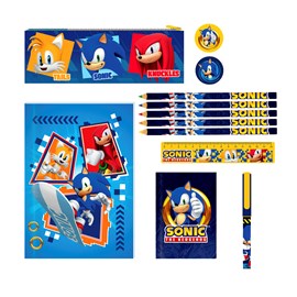 Sonic set papeterie. Cahier, trousse, crayons de couleur, stylo à bille, gomme.