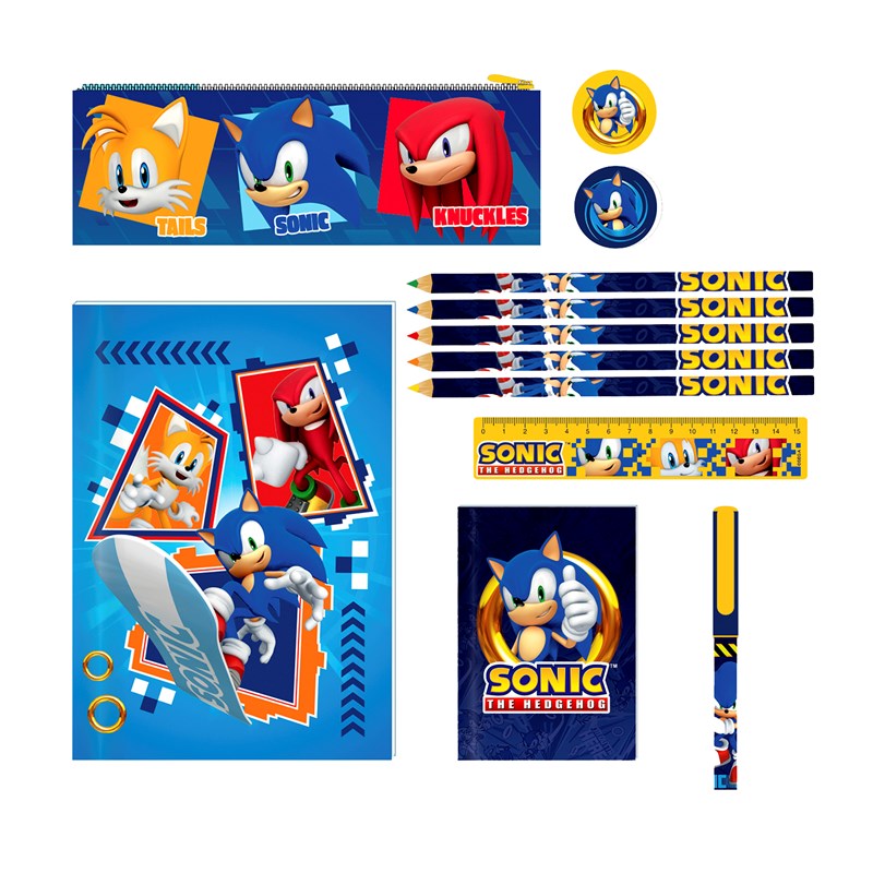 Sonic set papeterie. Cahier, trousse, crayons de couleur, stylo à bille, gomme.