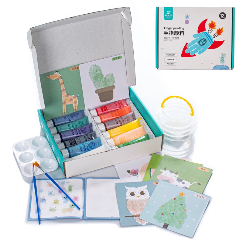 Set de 12 couleurs peinture acrylique pour doigts non toxique avec accessoires.