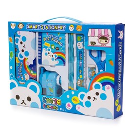 Ensemble de papeterie avec étui métallique et accessoires d'écriture.