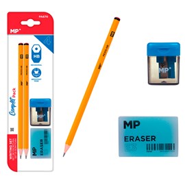 Ensemble d'écriture : 2 crayons hb, 1 taille-crayon avec réservoir.