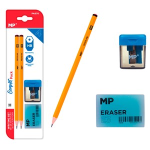 Ensemble d'écriture : 2 crayons hb, 1 taille-crayon avec réservoir.