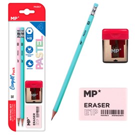 Ensemble d'écriture : 2 crayons hb avec gomme, 1 taille-crayon.