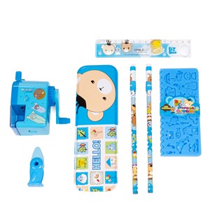 Set de papeterie avec étui en métal et accessoires d'écriture.