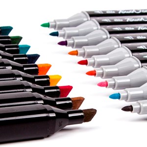 Ensemble de 24 marqueurs de couleurs variées. Double pointe.