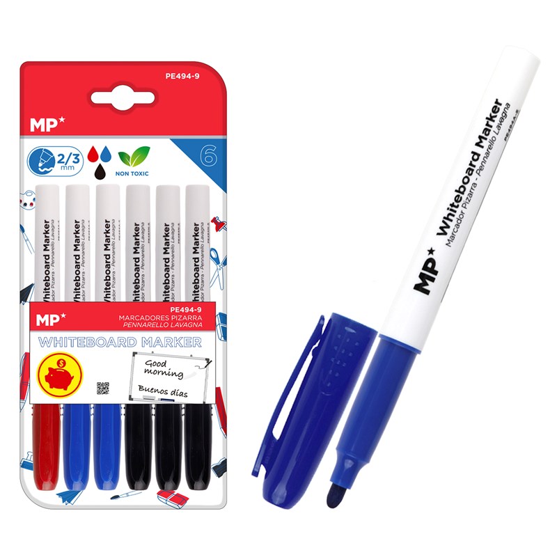 Ensemble de marqueurs de tableau 6 uds. Couleurs variées. 3 noirs.