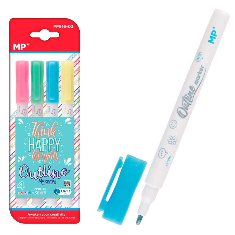 Ensemble 4 pcs marqueur magique out liner double ligne. Rose, bleu, vert clair.