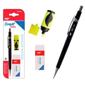 Ensemble d'écriture : porte-mine, marqueur fluorescent et gomme à effacer.