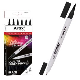 Set marqueurs double pointe pointeau lettering noir 6uds.