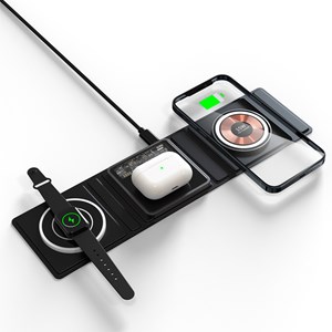 Base de charge portable pliable magsafe 15w + qi + apple watch. Lampe led.