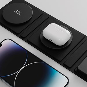 Station de charge portable pliable, en cuir. Magsafe 15w + qi 5w + smartwatch 3w
