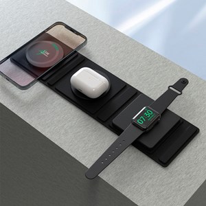 Station de charge portable pliable, en cuir. Magsafe 15w + qi 5w + smartwatch 3w