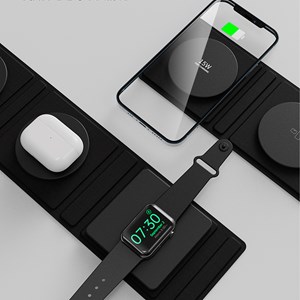 Station de charge portable pliable, en cuir. Magsafe 15w + qi 5w + smartwatch 3w