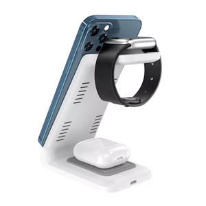 Station de charge 3 en 1 de 15w. Base de charge sans fil qi pour 2 smartphones.