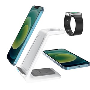 Station de charge 3 en 1 de 15w. Base de charge sans fil qi pour 2 smartphones.