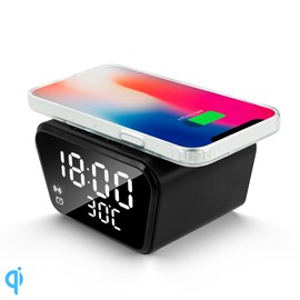 Réveil numérique avec chargeur qi intégré 15w. Avec date, heure, température.