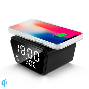 Réveil numérique avec chargeur qi intégré 15w. Avec date, heure, température.