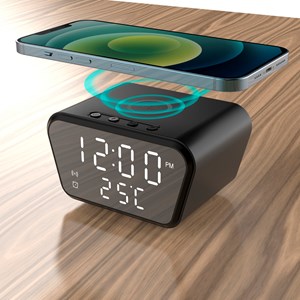 Réveil numérique avec chargeur qi intégré 15w. Avec date, heure, température.