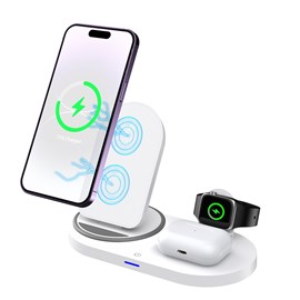 Station de chargement sans fil pliable 3 en 1. Base qi 15w double position.