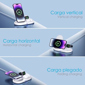 Station de chargement sans fil pliable 3 en 1. Base qi 15w double position.