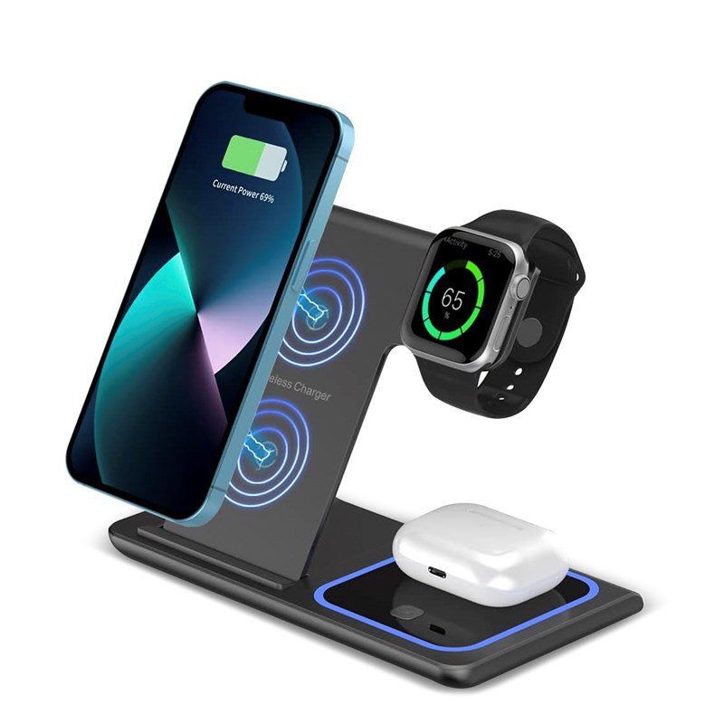 Station de charge sans fil pliable 3 en 1. Station qi 15w double position.