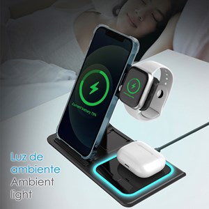 Station de charge sans fil pliable 3 en 1. Station qi 15w double position.