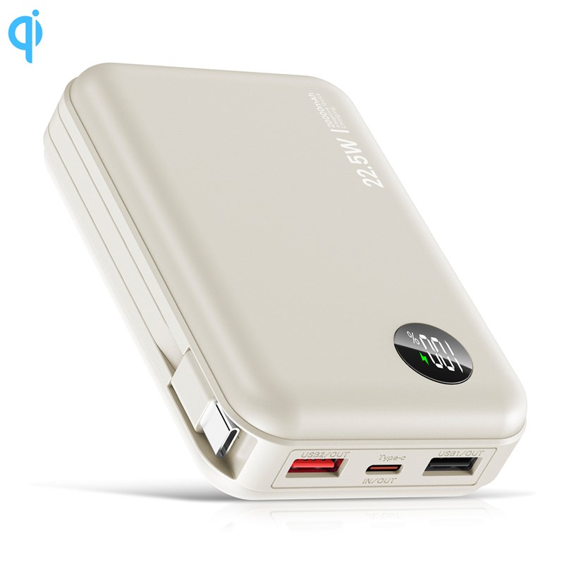 Powerbank 20.000mah avec chargement rapide pd22,5w, câble usb-c intégré.