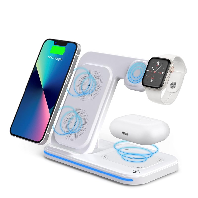 Base de chargement sans fil pliable 3 en 1. Base qi 15w double position.