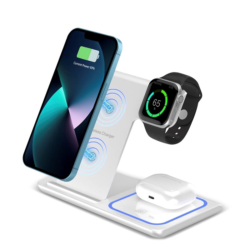 Base de chargement sans fil pliable 3 en 1. Base qi 15w double position.