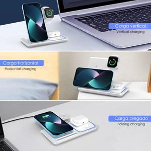 Base de chargement sans fil pliable 3 en 1. Base qi 15w double position.