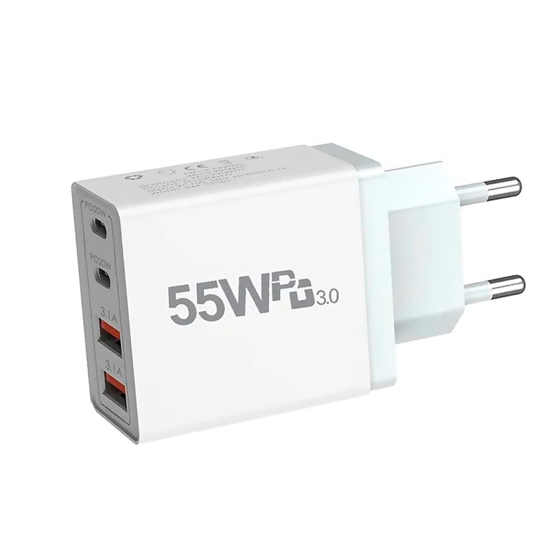 Chargeur usb 55w pd3.0 avec 2 ports usb 3.1a + 2 ports usb-c pd20w.
