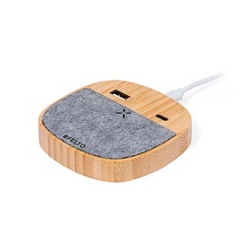 Chargeur nature en bambou sans fil 15w. 1 sortie usb et 1 type c
