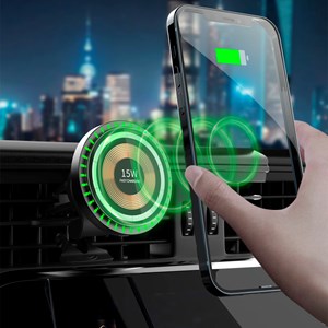 Chargeur pour voiture magsafe 15w avec lumières led ambiantes.