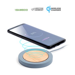 Chargeur sans fil qi feskon en ciment et bambou.
